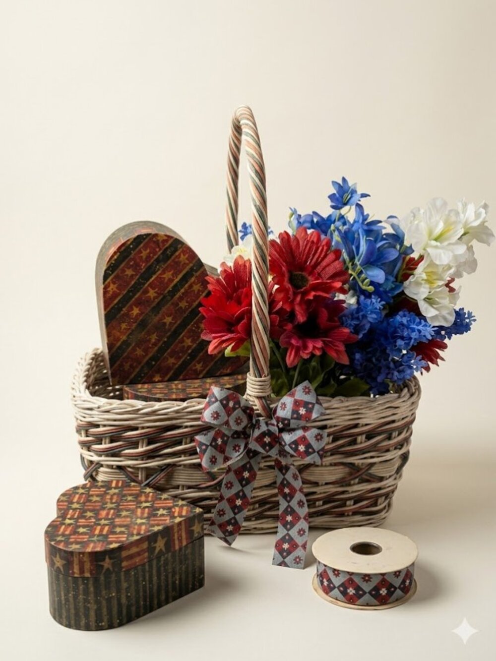 Old World Patriotic Decor Set; Bob’s Boxes Heart, 25yd Vintage Ribbon & Basket